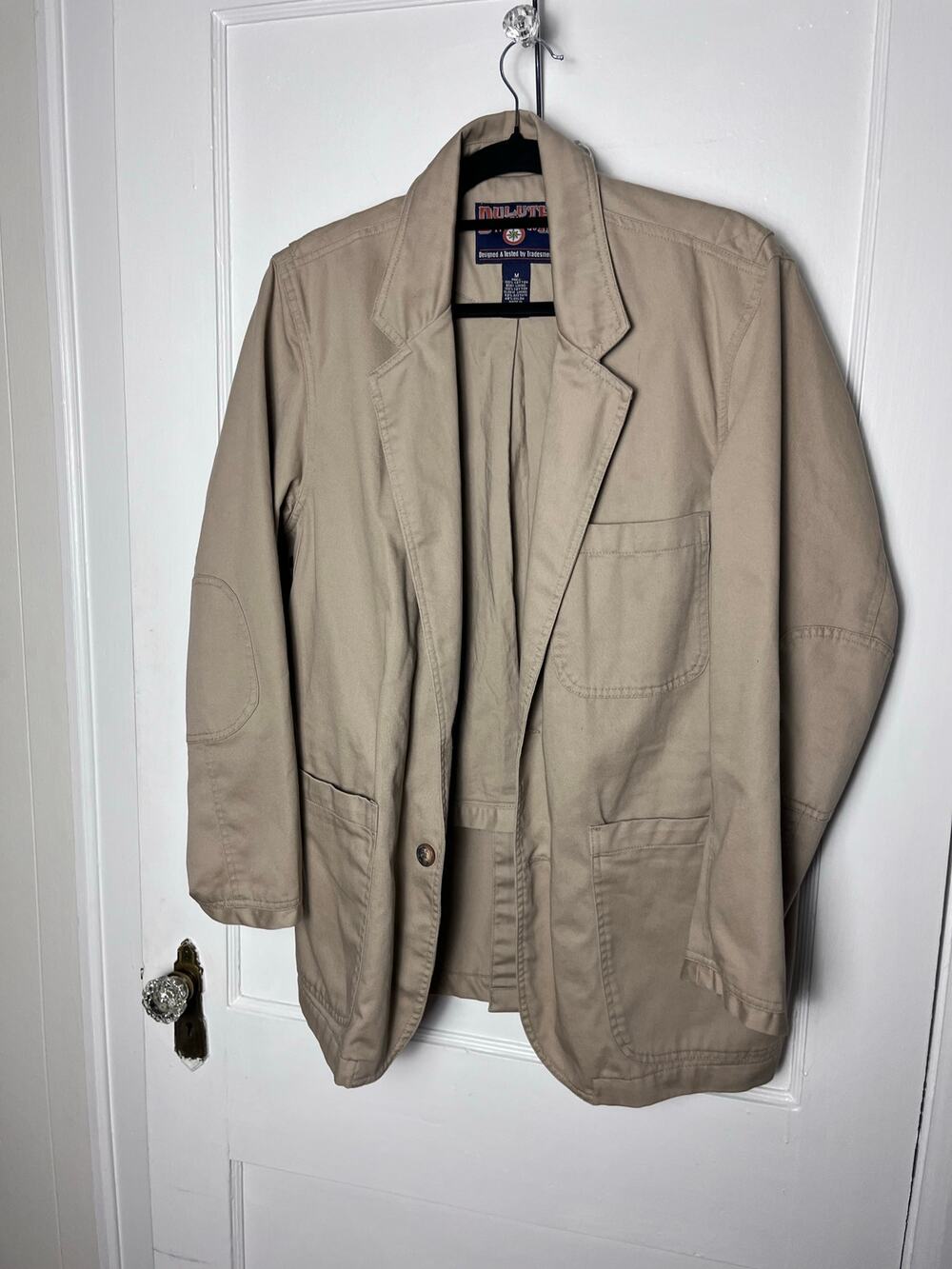 Duluth Trading Co Mens M Khaki Cotton Workwear Blazer Chore Jacket Elbow Patches